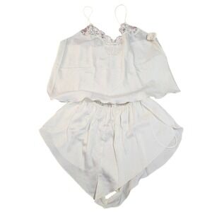 Vintage 80s Victorias Secret Lace Trim Cami Shorts Sleep Set L Ivory Wedding USA